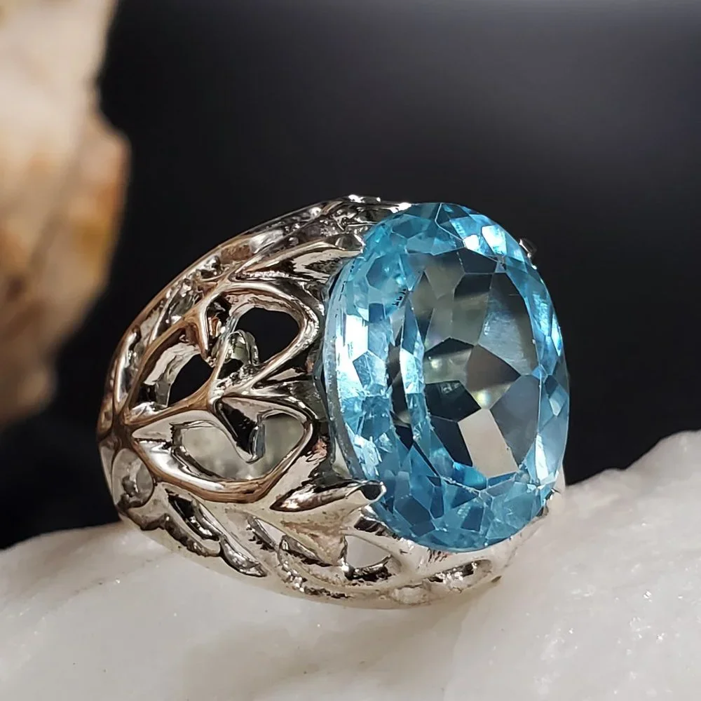 Big Silver Ring 925 Sterling Large Genuine Blue Topaz Gemstone Gift for Lady